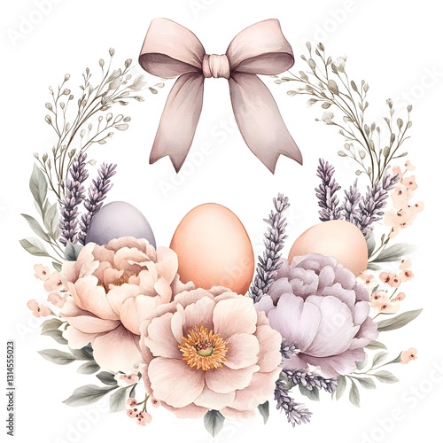 Watercolor Floral Wreath with Pastel Flowers and Ribbon Bow