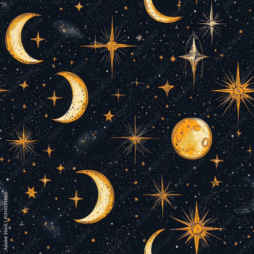 Naklejka premium Serene starry night featuring a crescent moon and shimmering stars in an enchanting cosmic background design