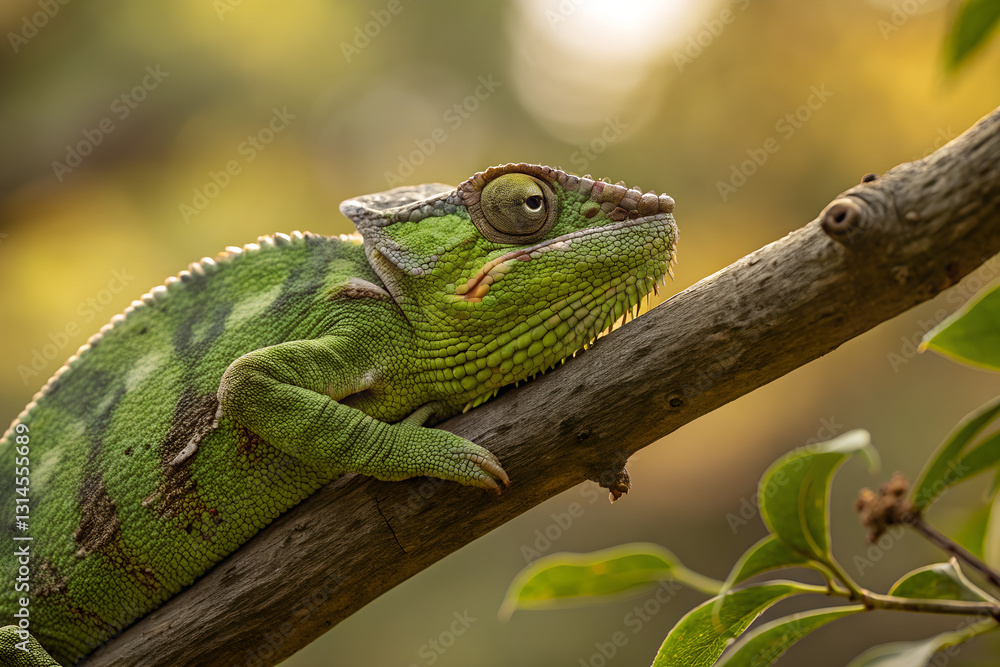 Chameleon resting on a tree branch in natural habitat Chameleon resting on a tree branch in natural habitat