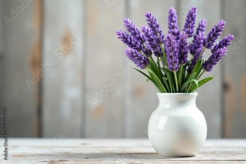 Wallpaper Mural Delicate lavender sprigs in a pristine white vase, rustic wood backdrop , floral, bloom, botanical Torontodigital.ca