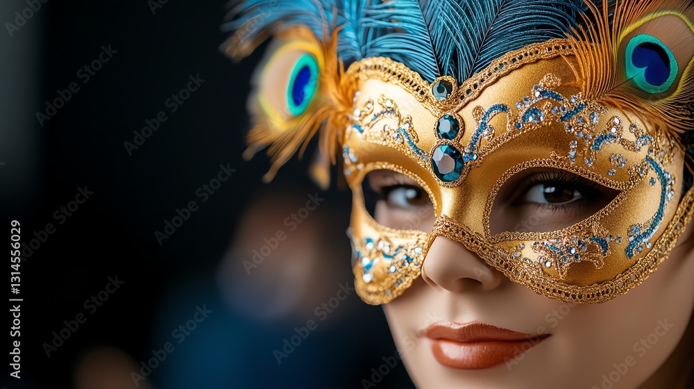 Naklejka premium Woman Wearing Elegant Gold Mask with Peacock Feathers for Celebration