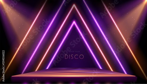 Disco party showcase background with 3d podium, colorful neon triangles and spot light beams.  Vector illustration