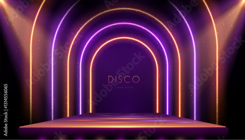 Disco party showcase background with 3d podium, colorful neon arches and spot light beams.  Vector illustration