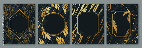 Gold frame. Invitation to party. Black background with gold leaf pattern. Marble card with palm leaves. Golden birthday voucher design. Premium decoration Vector luxury garish texture brushstrokes