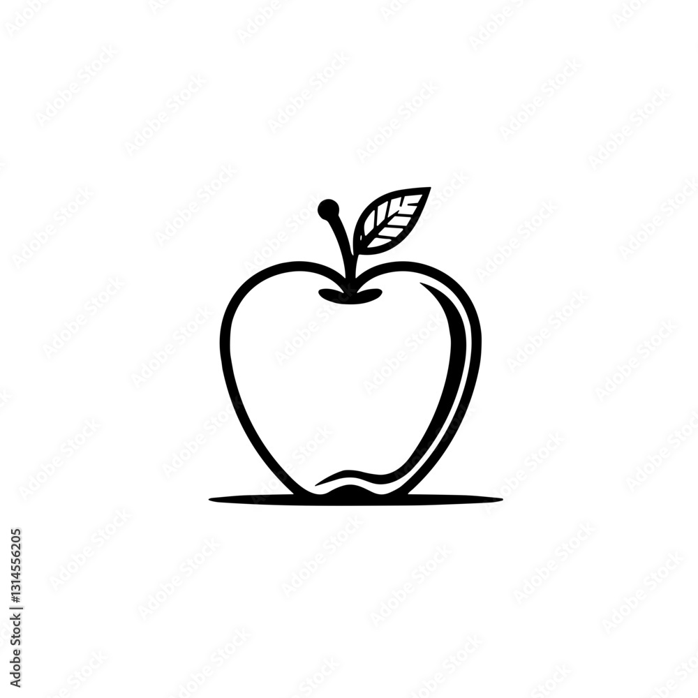 Fototapeta premium Simple black line art apple icon on transparent background