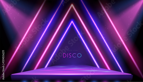 Disco party showcase background with 3d podium, colorful neon triangles and spot light beams. Vector illustration