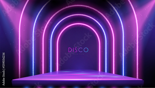 Disco party showcase background with 3d podium, colorful neon arches and spot light beams. Vector illustration