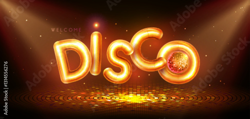 Disco party typography background with 3d golden metallic letters, dance floor and spot light beams. Vector illustration