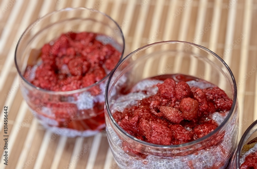 A lot of healthy Chia pudding with coconut milk in a glass containers in view can with fresh berries as raspberry, red currant, cranberry and pieces of peach on bamboo background. Close-up A lot of healthy Chia pudding with coconut milk in a glass containers in view can with fresh berries as raspberry, red currant, cranberry and pieces of peach on bamboo background. Close-up
