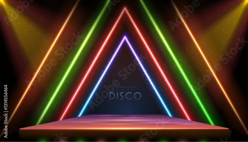 Disco party showcase background with 3d podium, golden neon triangles and spot light beams. Vector illustration