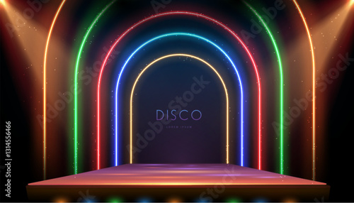 Disco party showcase background with 3d podium, golden neon arches and spot light beams.  Vector illustration