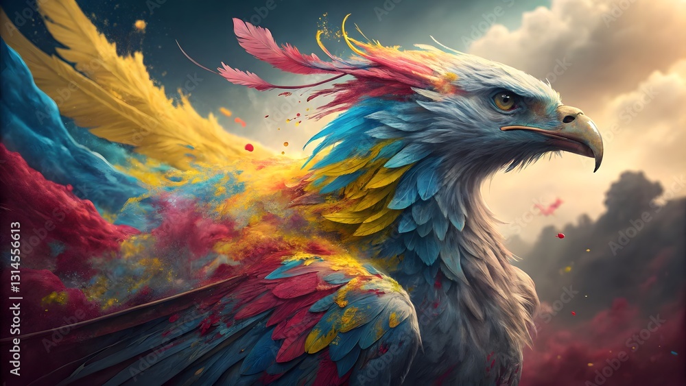 A majestic eagle with a sleek, sculpted face, covered in vibrant A majestic eagle with a sleek, sculpted face, covered in vibrant