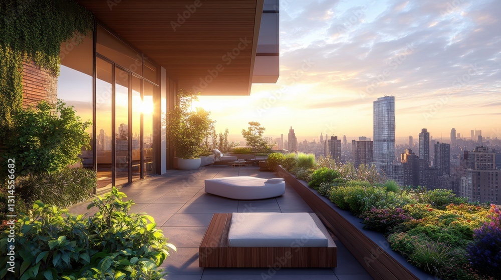 Fototapeta premium A serene rooftop terrace with lush greenery and modern seating, overlooking a city skyline during a beautiful sunset.