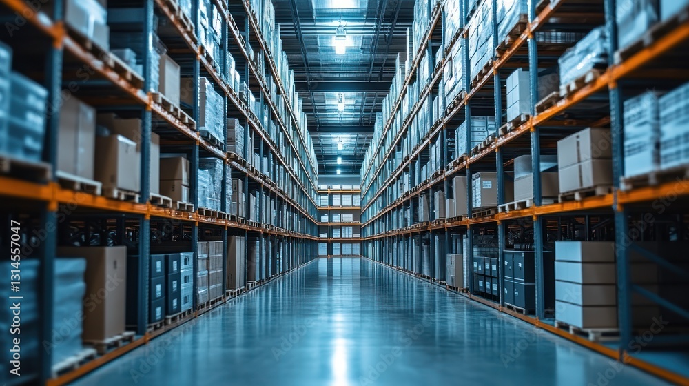 Vast Warehouse Interior: Rows of Shelves Filled with Goods Vast Warehouse Interior: Rows of Shelves Filled with Goods