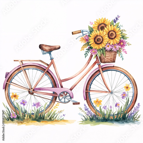Vintage-inspired watercolor of a retro bicycle with sunflowers and wildflowers. Great for printing on eco-bags, bookmarks, and notebooks.