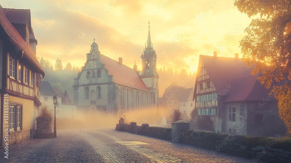 Obraz premium Sunrise over misty medieval town, cobblestone street