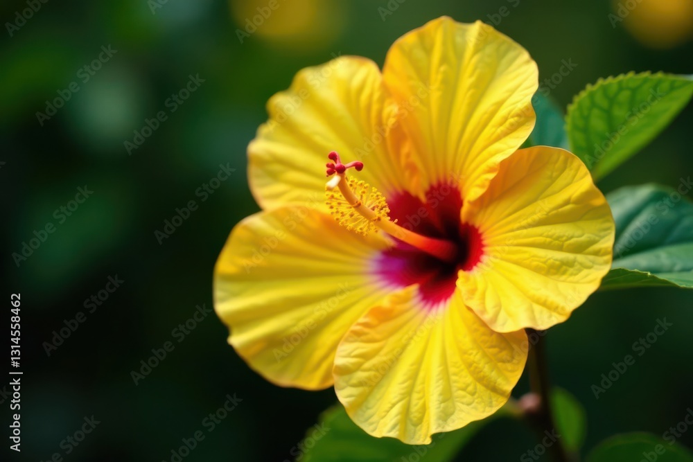Golden hibiscus reproductive parts, vibrant pollen, macro, stock photo