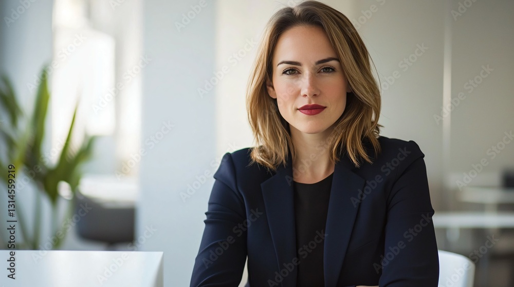 Young female executive exudes confidence in a navy blazer, seated at a modern desk, embodying professionalism and leadership. Young female executive exudes confidence in a navy blazer, seated at a modern desk, embodying professionalism and leadership.