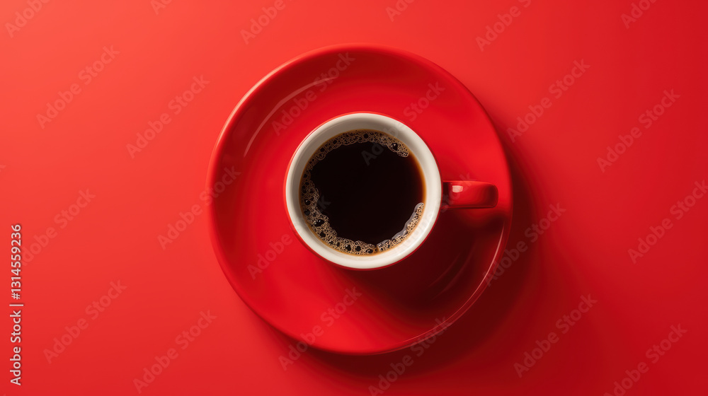 vibrant red coffee cup on matching saucer, filled with dark coffee, creates striking visual vibrant red coffee cup on matching saucer, filled with dark coffee, creates striking visual