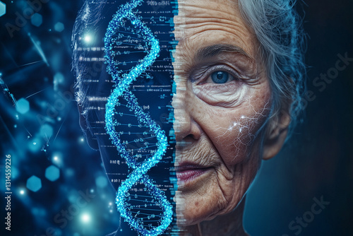 Portrait of old woman in DNA chains, aging concept