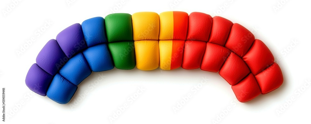 Colorful Rainbow Arch of Rounded Cushions Arranged in Spectrum Order on White Plain Surface Colorful Rainbow Arch of Rounded Cushions Arranged in Spectrum Order on White Plain Surface
