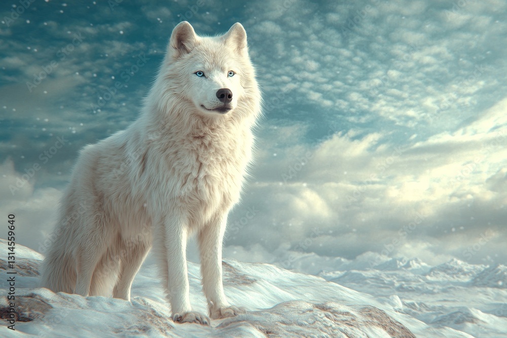 Obraz premium A wolf stands in the middle of a vast snowy landscape. Generative AI