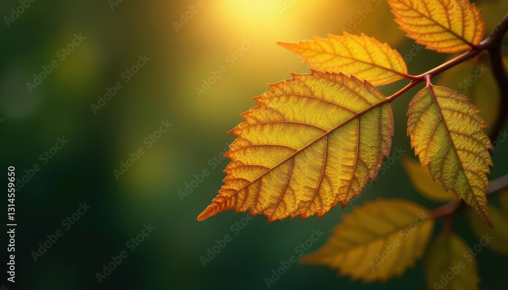 Fototapeta premium Intricate golden leaf veins, blurred backdrop, sun, close-up