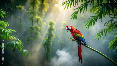 Wallpaper Mural A Vibrant Scarlet Macaw Perched on a Bamboo Branch Amidst a Misty, Sun-Dappled Rainforest Torontodigital.ca