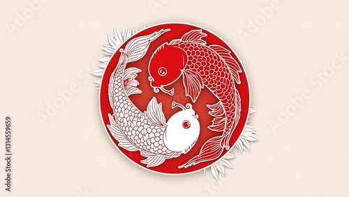 Stylized red and white yin-yang koi fish design with intricate details, lotus flowers, and bold contrast, symbolizing balance, harmony, and duality in a circular layout.