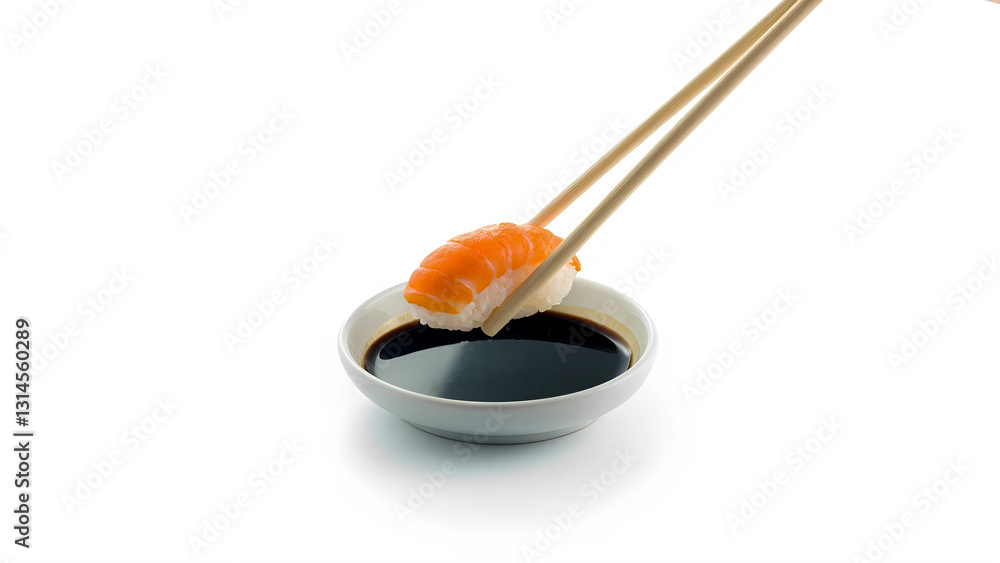 A small dish of soy sauce with wooden chopsticks dipping a piece of sushi A small dish of soy sauce with wooden chopsticks dipping a piece of sushi