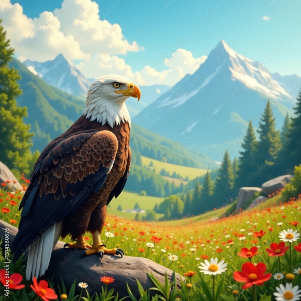 Fototapeta premium Majestic eagle, vibrant wildflowers, summer scene, branch, freedom