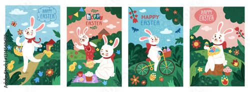 Easter day. Rabbit on picnic with egg. Spring party bunny. Poster design happy animal. Children template with flower. Cute graphic holiday. Vector tidy fairytale. Cartoon flat isolated illustration