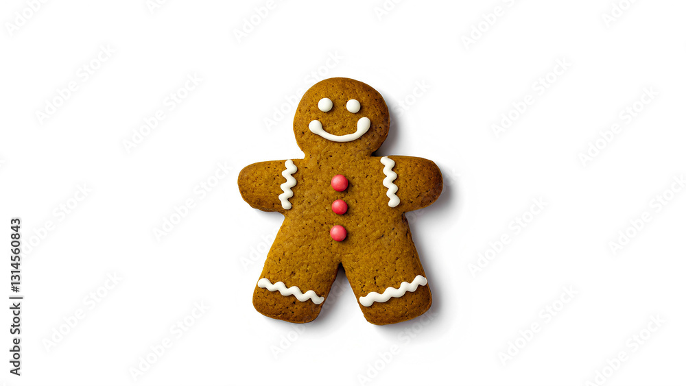 A gingerbread cookie shaped like a smiling gingerbread man, decorated with white icing and red gumdrop buttons A gingerbread cookie shaped like a smiling gingerbread man, decorated with white icing and red gumdrop buttons