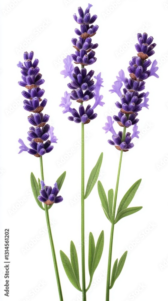 Three sprigs of aromatic lavender flowers in full bloom against a clean white background for botanical study Three sprigs of aromatic lavender flowers in full bloom against a clean white background for botanical study