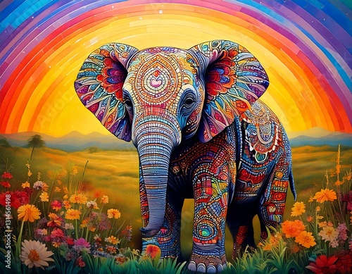 Baby elephant with mosaic and mandalas in a beautiful landscape with a Rainbow
