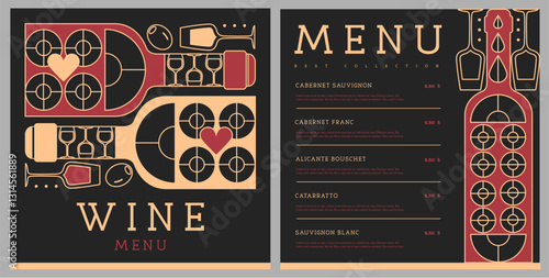 Restaurant wine menu design with line art wine bottles and glasses. Wine background. Vector illustration