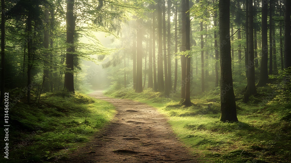 a scenic forest path winding through tall trees, illuminated by sunlight filtering through the canopy a scenic forest path winding through tall trees, illuminated by sunlight filtering through the canopy
