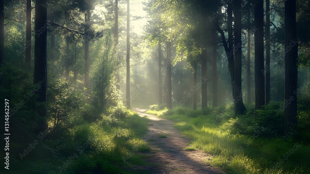 Obraz premium a scenic pathway through a vibrant forest bathed in sunlight, inviting exploration