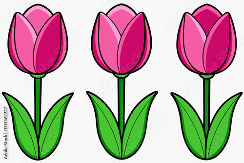 Floral Trio: A vibrant trio of cartoon tulips in full bloom, with their bright pink petals, sturdy green stems, and lush leaves