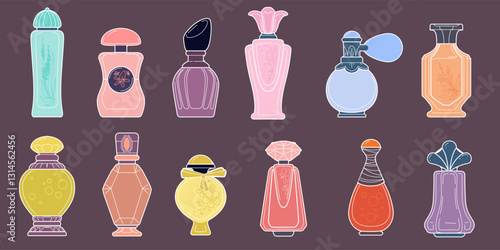 Perfume bottle with sprayer. Line drawn, colorful elegant fragrance for women cosmetics. Beauty accessories. Colorful aroma liquid, body care. Phials spray. Vector cartoon flat isolated illustration