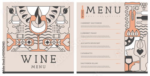 Restaurant wine menu design with line art wine bottles and glasses. Wine background. Vector illustration