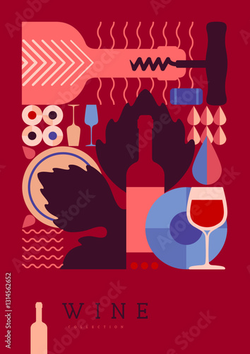 Modern magazine cover or poster with wine bottles and glasses. Restaurant menu design. Vector illustration