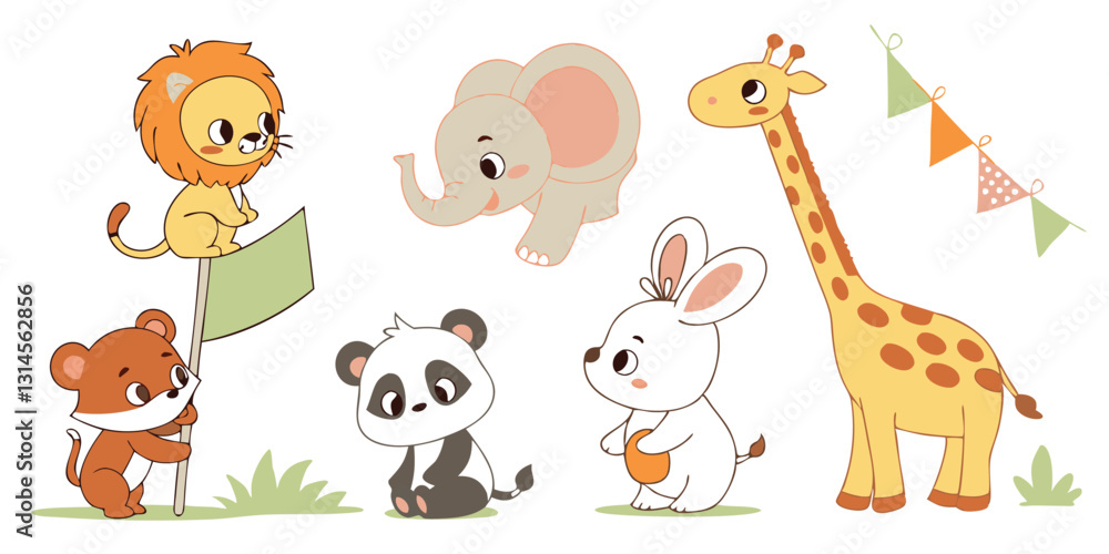 Naklejka premium Cute Baby Animals Vector Set – Adorable Cartoon Wildlife Illustrations for Kids & Nursery
