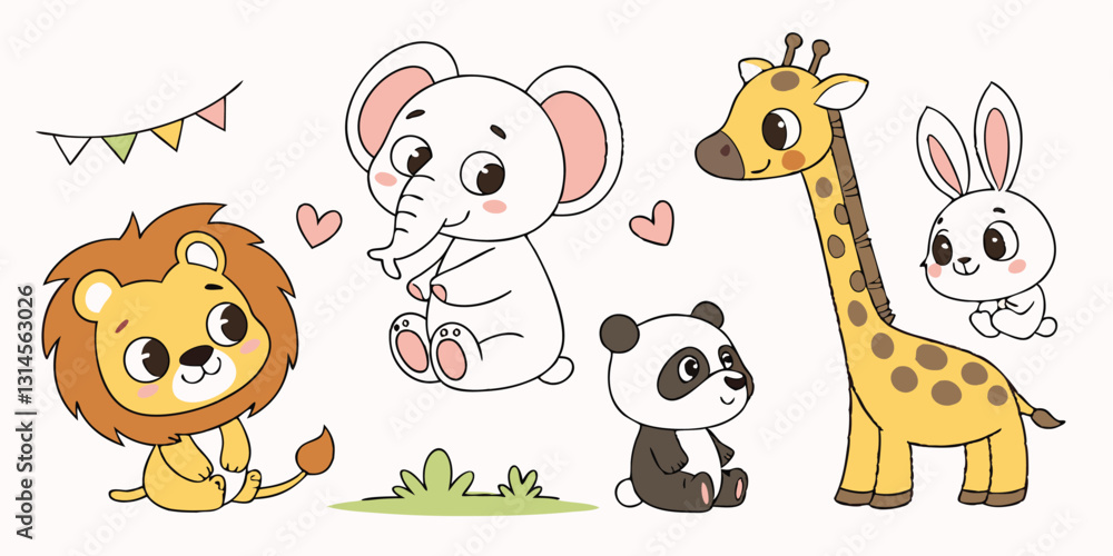 Obraz premium Cute Baby Animals Vector Set – Adorable Cartoon Wildlife Illustrations for Kids & Nursery