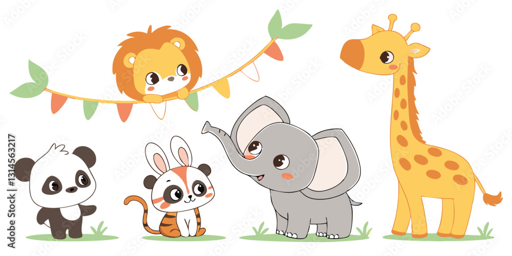 Naklejka premium Cute Baby Animals Vector Set – Adorable Cartoon Wildlife Illustrations for Kids & Nursery