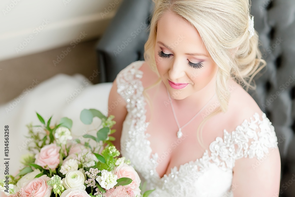 Obraz premium Bride with glossy pink lips holds beautiful bouquet surrounded by floral decor, radiating elegance for wedding. Concept focuses on glossy pink lips bride and bridal beauty