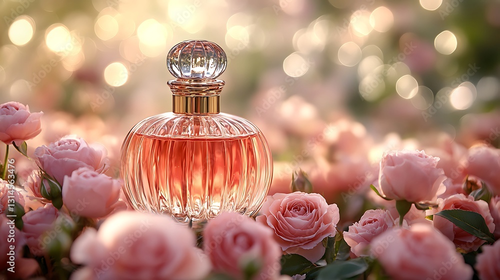 An elegant fragrance bottle surrounded by fresh pink roses with ethereal light trails using long exposure An elegant fragrance bottle surrounded by fresh pink roses with ethereal light trails using long exposure