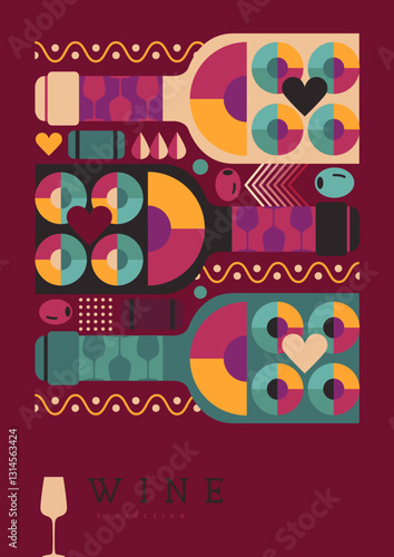 Modern magazine cover or poster with wine bottles and glasses. Restaurant menu design. Vector illustration