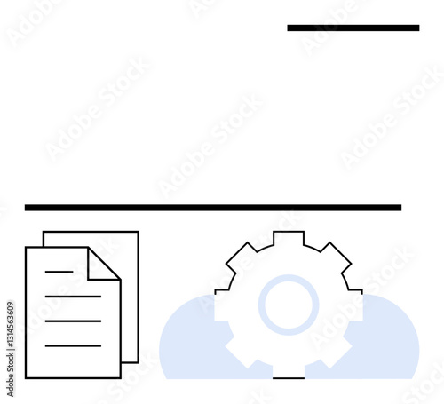 Papers stacked beside a gear with a subtle cloud element, indicating process management, tech integration, and cloud solutions. Ideal for workflow, automation, cloud computing, technology, data