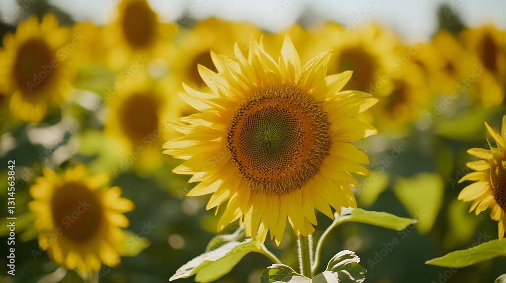 Fototapeta premium sunflowers in a field, a close-up of sunflower facing the camera with many of sunflowers blurred in the background